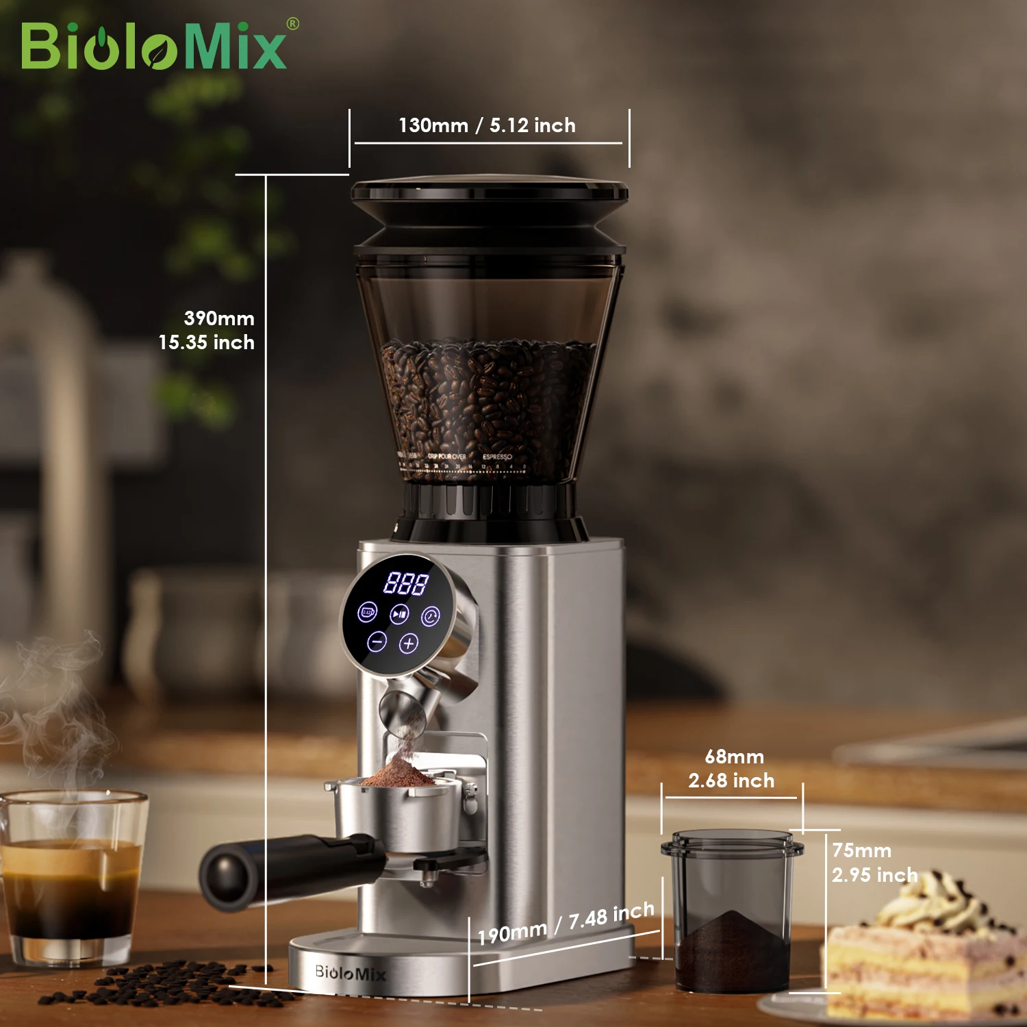 BioloMix Macinacaffè elettrico automatico CG210 con 48 impostazioni di macinatura regolabili per caffè espresso americano