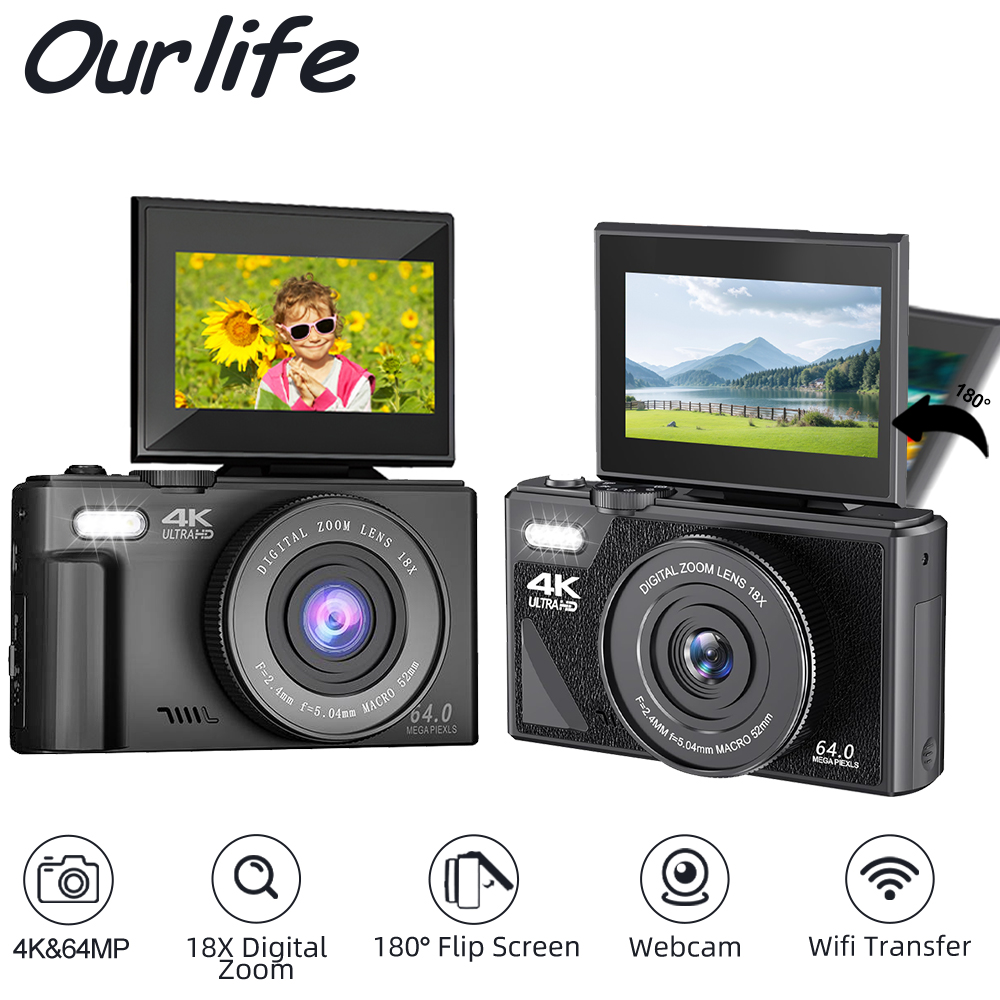 Ourlife AC600 Digitalkamera 4K 64 MP UHD-Kameras 18X Digitalzoom 180 °   Vintage-Vlogging-Kamera mit Klappbildschirm für YouTube-Autofokus