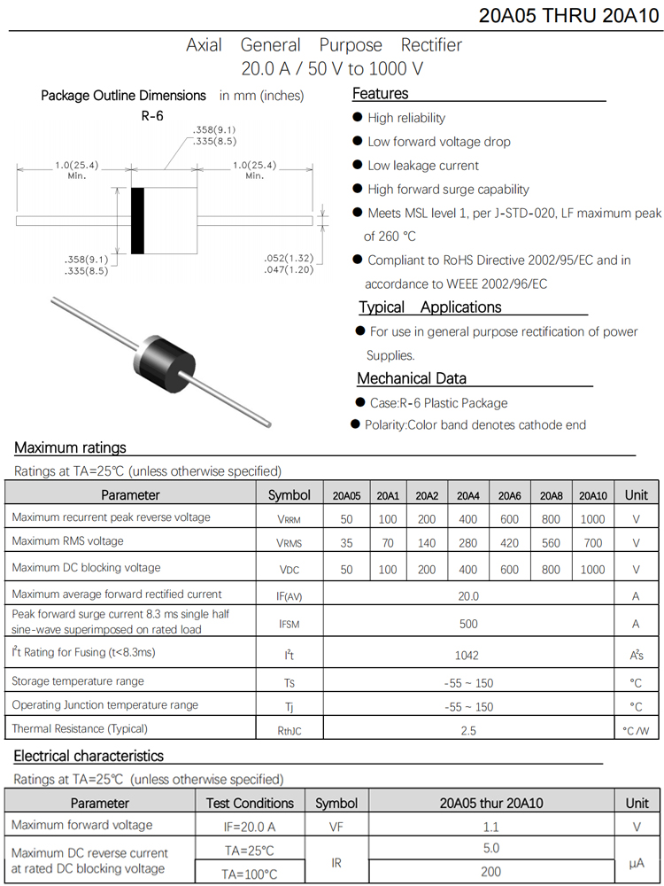20 unids/lote 6A10 10A10 20A10 30A10 10A20 diodo rectificador 6A 10A 20A 30A 1000V 2000V R-6
