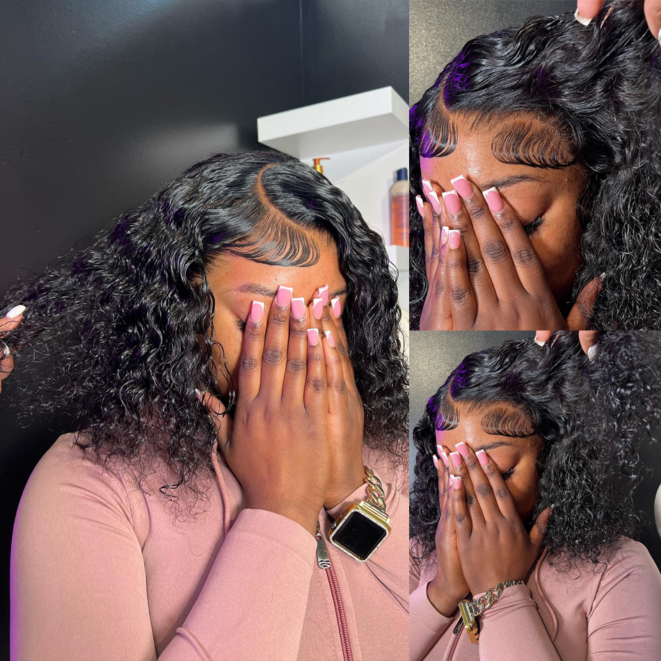 Peruca curta encaracolada para mulheres, cabelo humano, onda profunda, renda transparente, pré-arrancada, nós branqueados, remy, peruca dianteira do laço