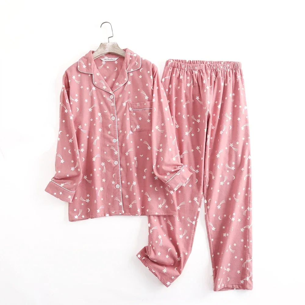 Cotton Flannel Quần Bộ Đồ Ngủ Bộ Đồ Mặc Nhà In Đơn Giản Rời Mùa Thu Đông Tay Dài Quần Pyjamas Nữ Bộ