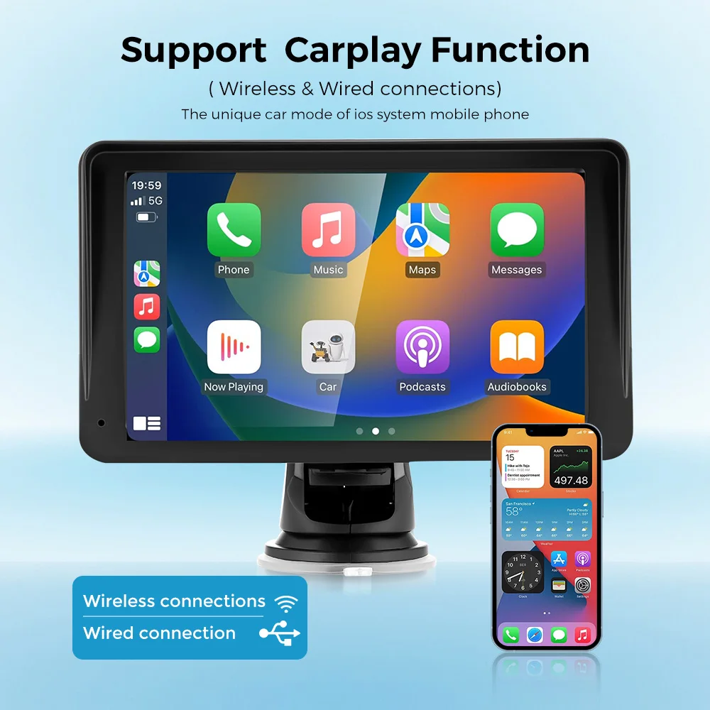 Lettore video multimediale per autoradio portatile Wireless CarPlay Android Auto Touch screen universale da 7 pollici con telecamera posteriore FM