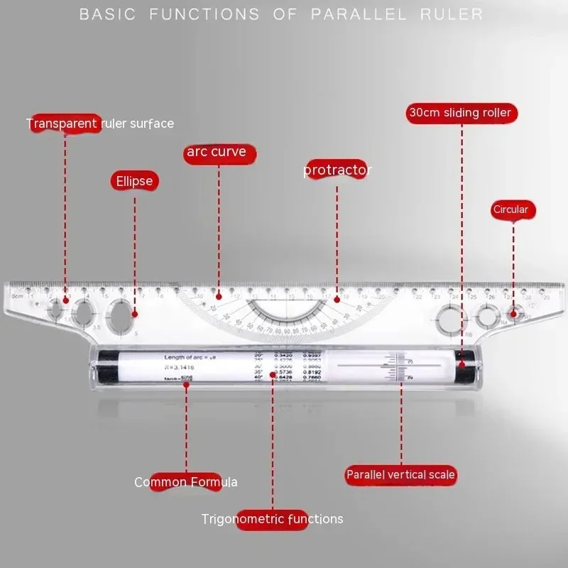 Multifunctional Parallel Ruler With Roller 30cm Plastic Clear Math Circular Drawing Measuring Tool Student Design Architectural