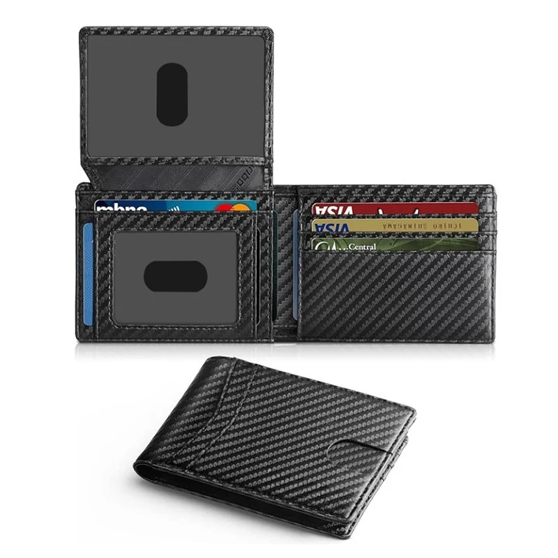 Cartera para hombre de piel Rfid ultrafina con ventana de identificación Cartera de fibra de carbono con múltiples tarjetas