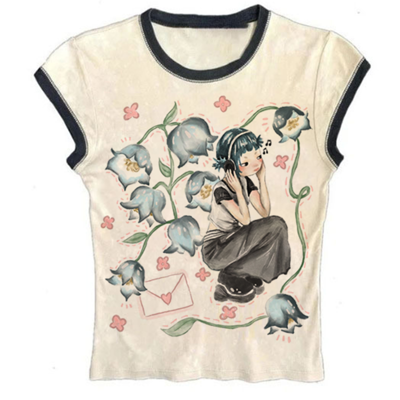 Y2K koreańskie popularne ubrania Emo estetyczna letnia koszulka dziecięca Streetwear Gothic Harajuku graficzny T-shirt z nadrukiem kobiety krótki top w stylu vintage