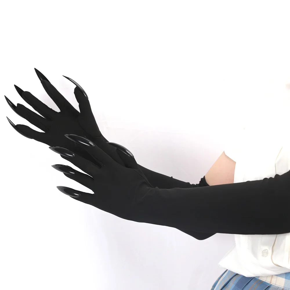 แต่งหน้าฮาโลวีนแม่มดเล็บสีดํา Ghost Cat Demon Paw ถุงมือคอสเพลย์สีดํายืดหยุ่นซาติน Stage Performance ผู้หญิงยาว Mittens
