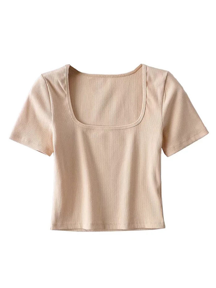 T-shirt corta a costine con collo quadrato da donna Top corto a maniche corte
