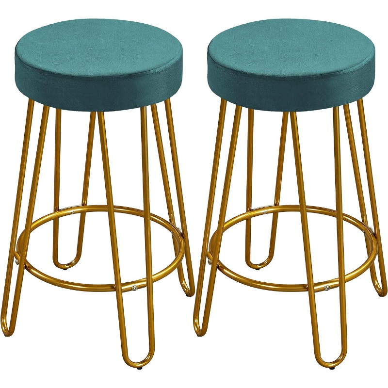 Round Kitchen Counter Stool Home Bar Height Stools with Golden Hairpin Legs Upholstered Velvet Seat for Dining Room, Set of 2