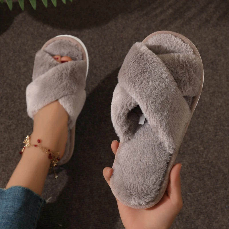 Moda damska Puszyste kapcie Cross Band Miękkie pluszowe przytulne buty domowe Furry Open Toe Indoor Outdoor Slip Warm Anti Skid Sole