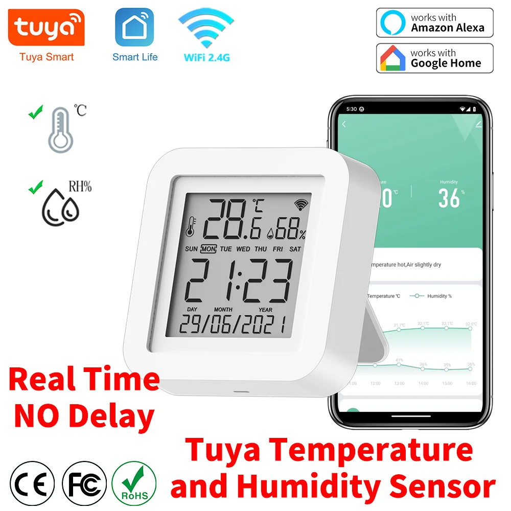 Termómetro con Sensor de temperatura y humedad, dispositivo con WiFi, para automatización del hogar, para el trabajo en casa inteligente, Tuya, Alexa y Google Home