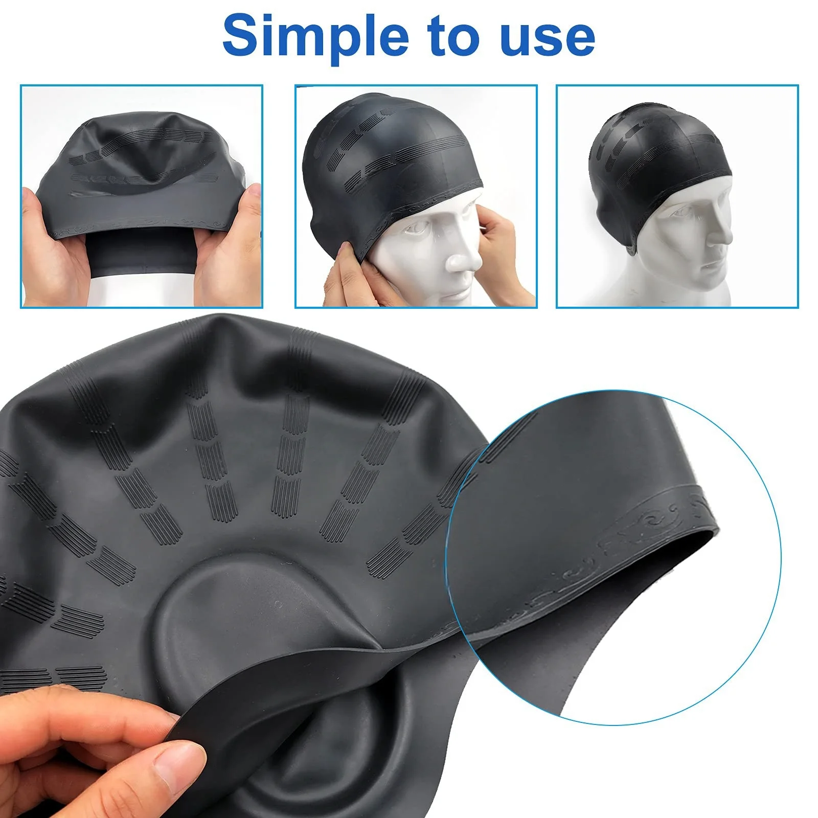Gorro de natación de silicona duradero profesional con bolsillos para las orejas para adultos y adolescentes, protege el cabello largo y proporciona alta elasticidad