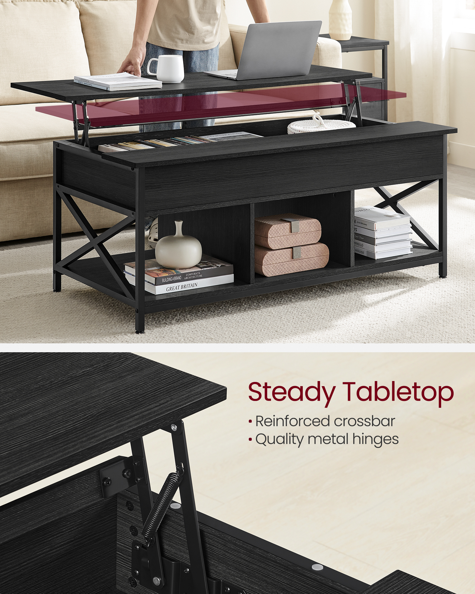 VASAGLE Coffee Table, Lift-Top Table Coffee Table for Living Room, Coffee Table with Open and Hidden Storage, X-Shaped Bars