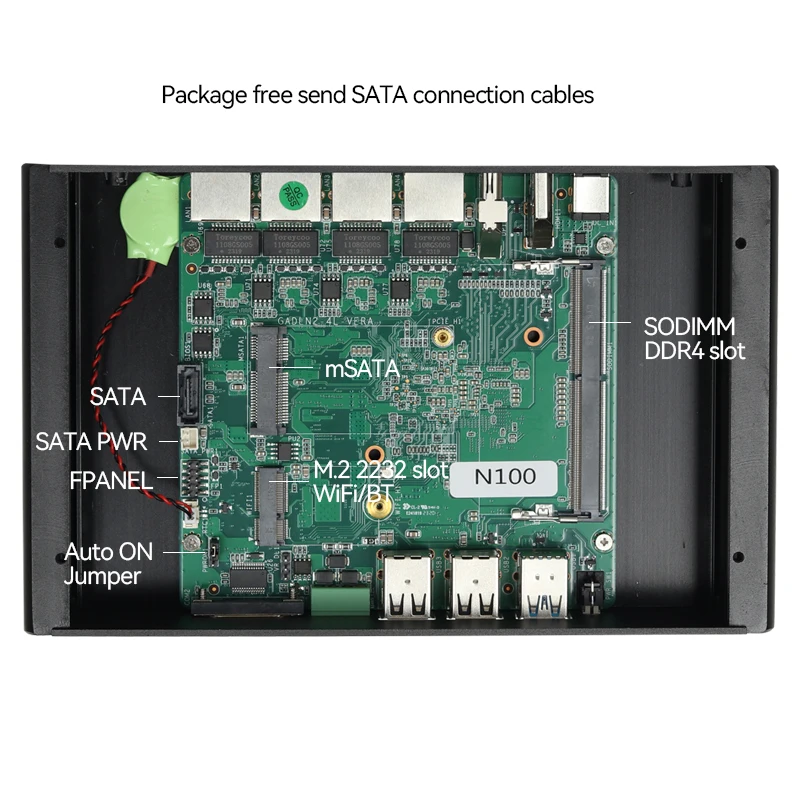 Mini PC Industrial Fanless, Intel N100, 4x2.5G, Ethernet 2x Portas Seriais, RS485, RS232, DB9, 6x USB, Wi-Fi, Suporta Windows, Linux OpenWrt