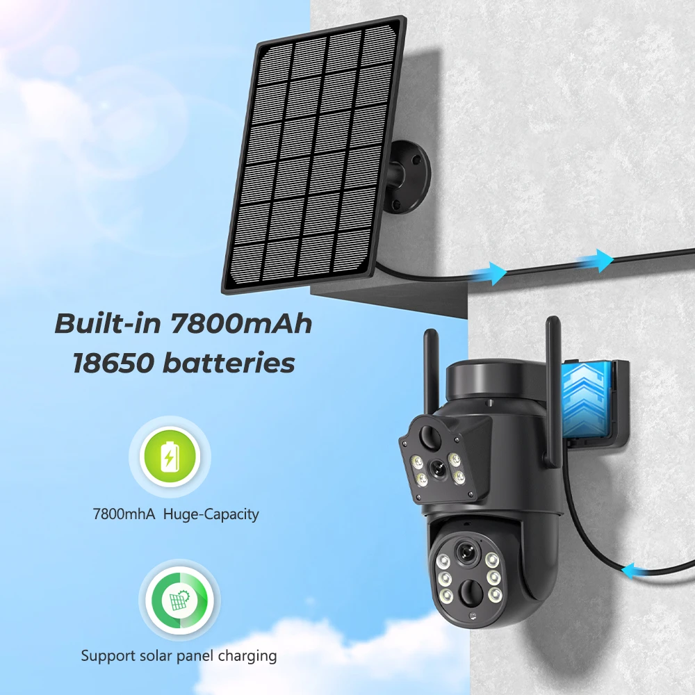 ABUNTU 8MP 4K Telecamera solare wireless Wifi Doppio schermo ICSEE Telecamera di sicurezza Pannello solare 365 giorni in standby PIR Rilevamento umano