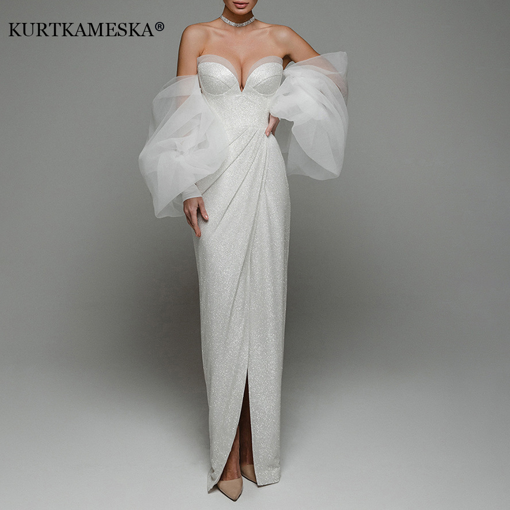 Vestido de noite de banquete feminino 2025 novo luxo sexy fora do ombro quente prata puff manga sem alças casamento longo vestidos de festa de baile
