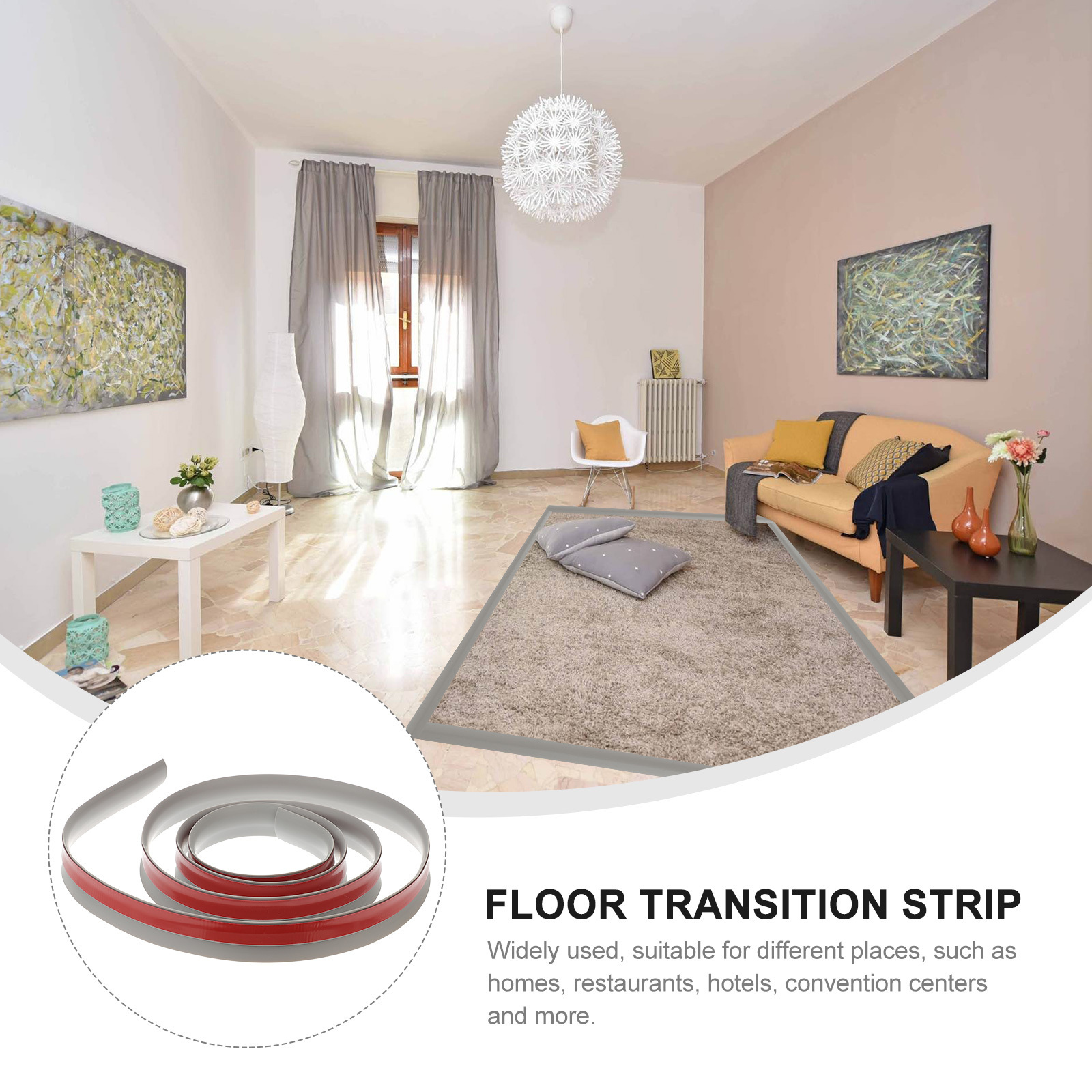 Tira de transición de piso duradera, tiras de cubierta autoadhesivas para alfombras, azulejos, tira de transición de piso fácil de cortar