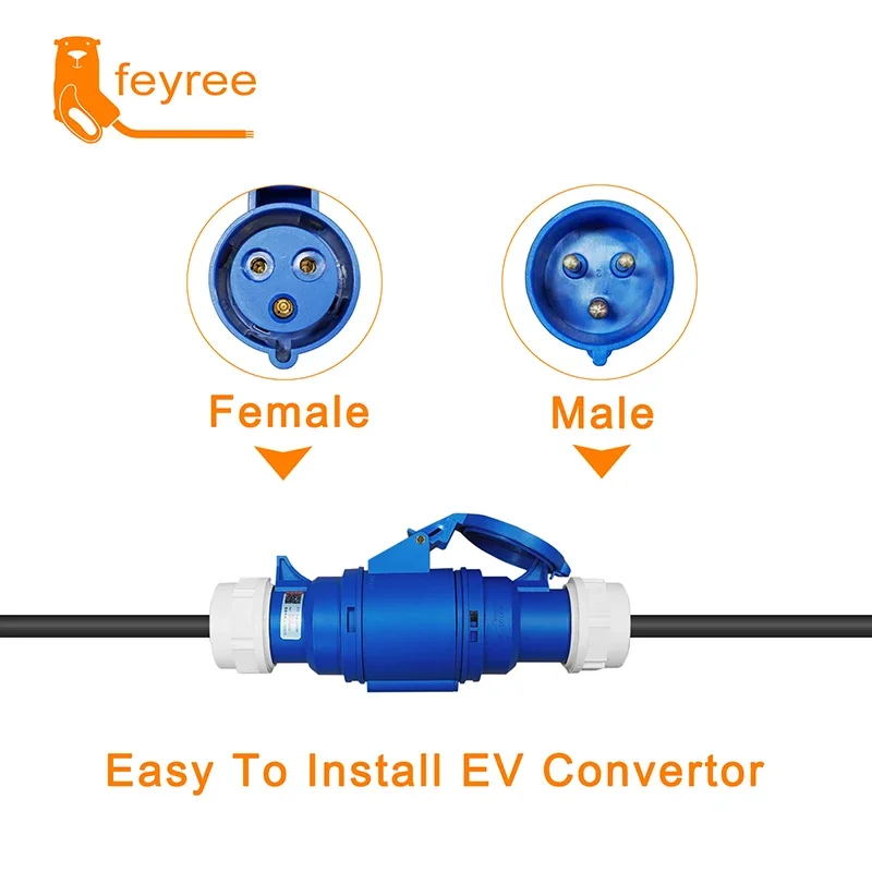 Feyree-cargador EV CEE hembra, adaptador de enchufe Schuko de 3 pines, conexión impermeable, enchufe de montaje en pared, cargador portátil de 32A y 7KW