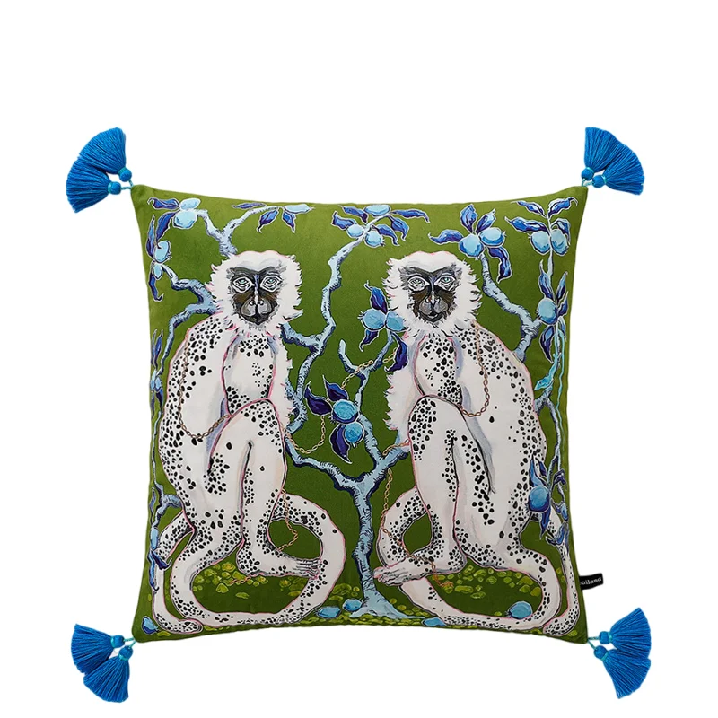 Funda de cojín Moneky blanca, funda de almohada de terciopelo suave con estampado de ambos lados, bonita funda de almohada de estilo chino con estampado de animales, decoración de sofá para el hogar de 60cm
