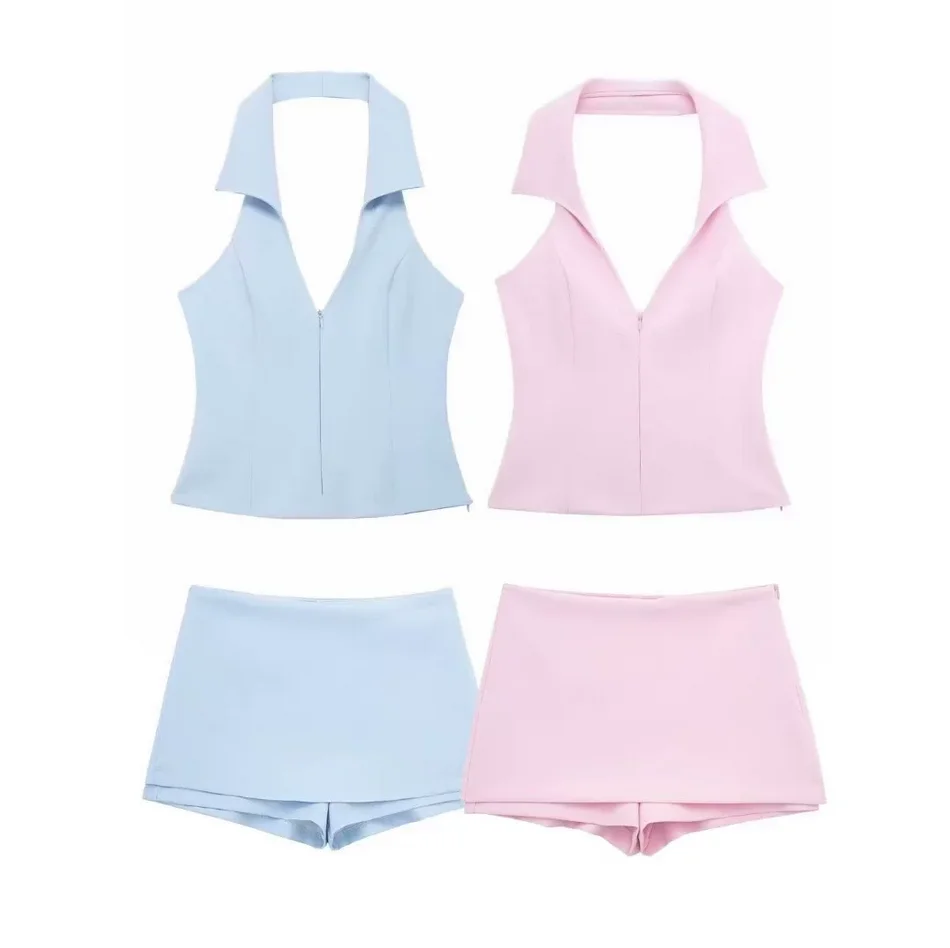 2-teiliges Sommer-Set für Damen, hohe Taille, Gesäßtasche, Miniröcke, Shorts, sexy V-Ausschnitt, ärmellos, rückenfrei, Hosenträger, Reißverschluss