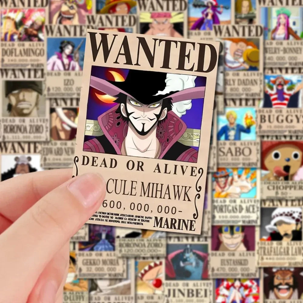 10/30/56 Uds. Pegatinas de carteles de Anime de una pieza Wanted, calcomanías de dibujos animados, decoración fresca para ordenador portátil, pegatina impermeable de pared para juguetes para niños