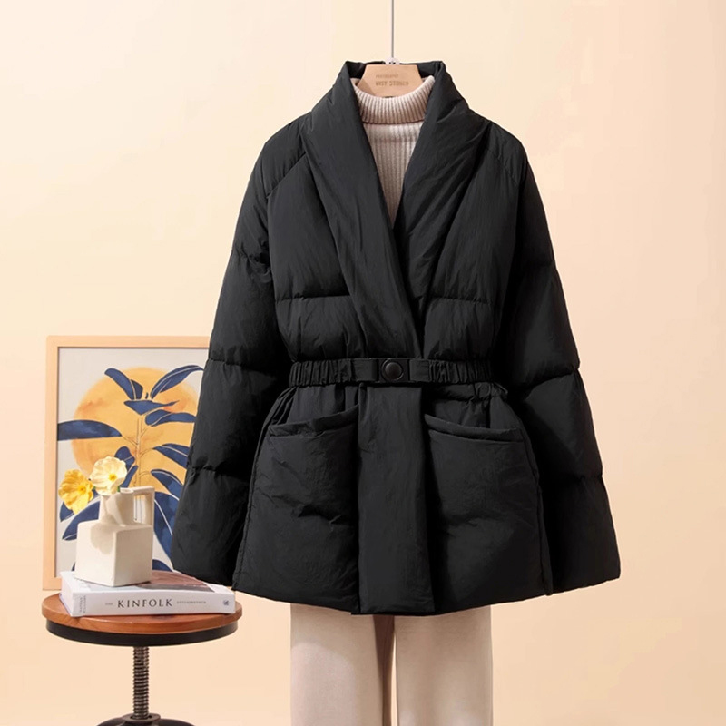 Schinteon femmes blanc canard doudoune décontracté ceinture ample col en v mode automne hiver vêtements d'extérieur Style coréen manteau 2025 nouveau