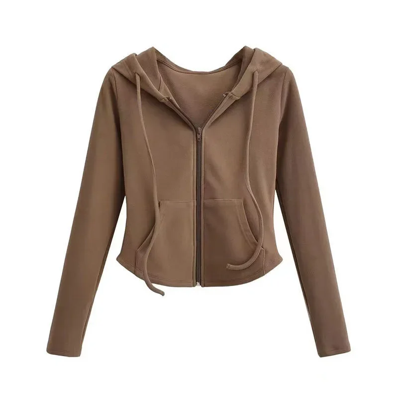 Xpqbb vintage zip up recortado hoodies feminino cor sólida y2k manga longa com capuz jaqueta mulher estilo coreano magro streetwear com capuz