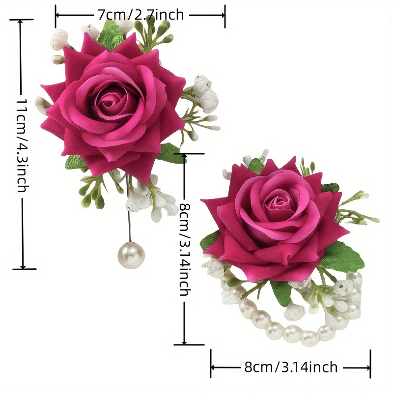 [2pcs Elegant Rose Corsage Set] 2pcs Elegant Rose Corsage and Wrist Flower Set in Polyester Fiber for School Events, Parties