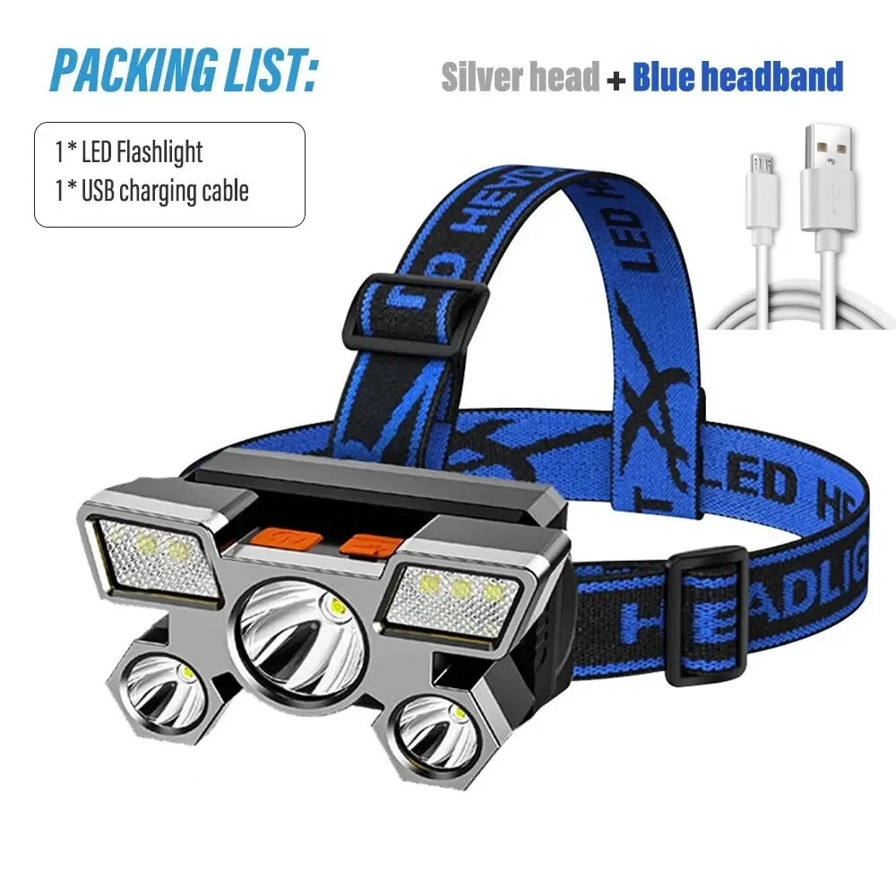 Fishing Camping Light 5*LED High Power Headlamp Super Bright Rechargeable  Long Distance Head Mounted Mining Lamp Flashlight
