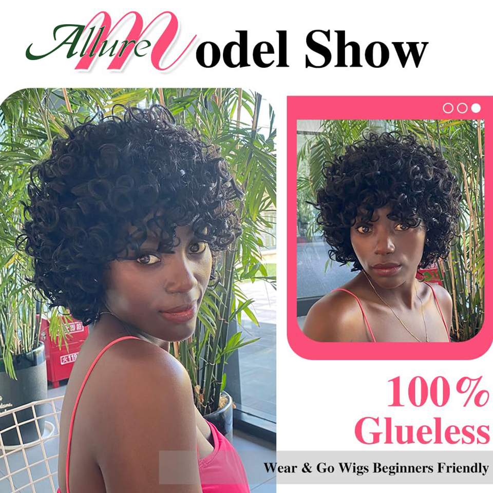 บราซิลสั้น Pixie Bob ตัดผมมนุษย์ Wigs สําหรับผู้หญิง Jerry Curly ผมวิกผมกับ Bangs 10 นิ้วไฮไลท์สีวิกผม Allure