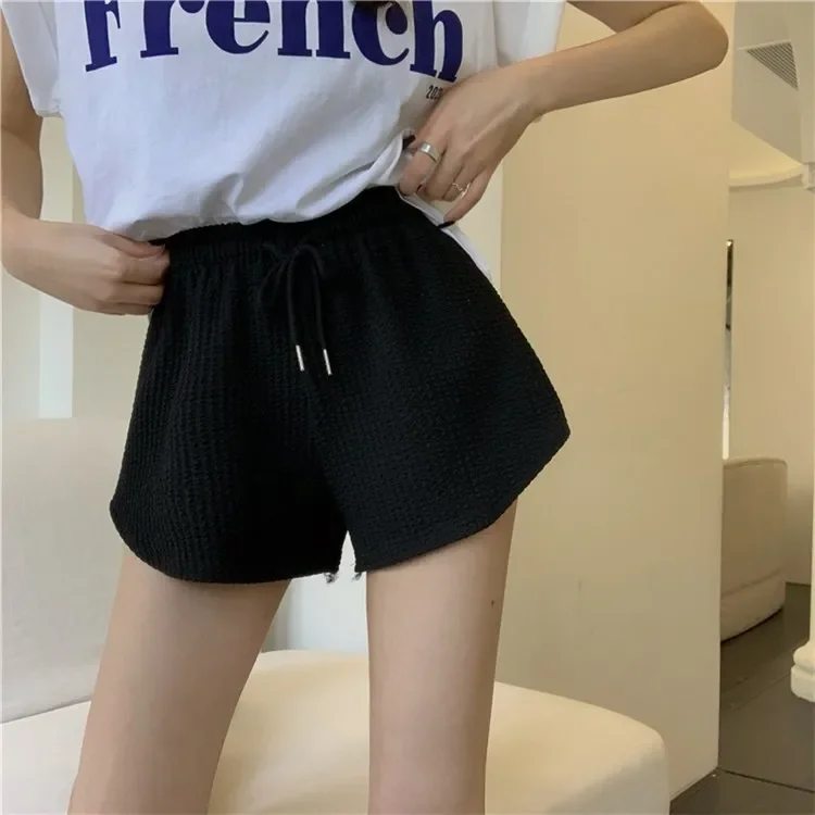 높은 탄성 여성 반바지 여름 Drawstring 반바지 넓은 다리 짧은 피트니스 러닝 반바지 루즈 캐주얼 플러스 사이즈 스포츠 바지