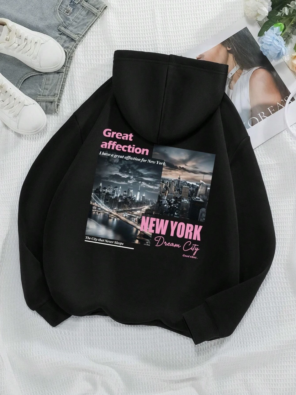 Sudaderas con capucha con estampado de New York Dream City, moda informal para mujer, jersey de lana con bolsillo cálido, sudadera deportiva de gran tamaño, ropa de calle