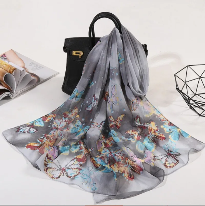 Sciarpa scialle da donna lunga stampata a farfalla con protezione solare in morbida chiffon ultrasottile