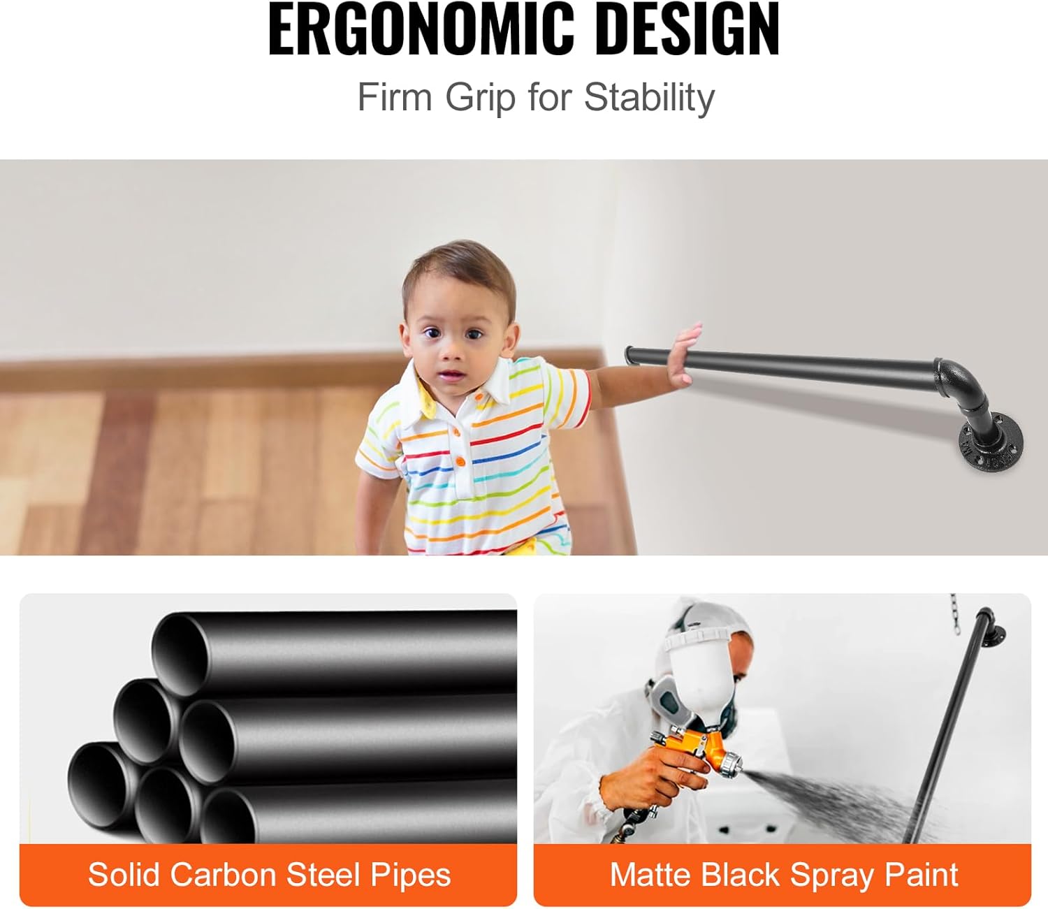 Pipe Stair Handrail, 3FT Staircase Handrail, 440LBS Load Capacity Carbon Steel Pipe Handrail, Industrial Pipe Handrail