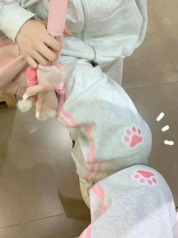 Houzhou Harajuku Kawaii rosa Streifen Jogging hose Frauen japanischen Stil süße süße Katze Stickerei Hose weichen Grill y2k schick