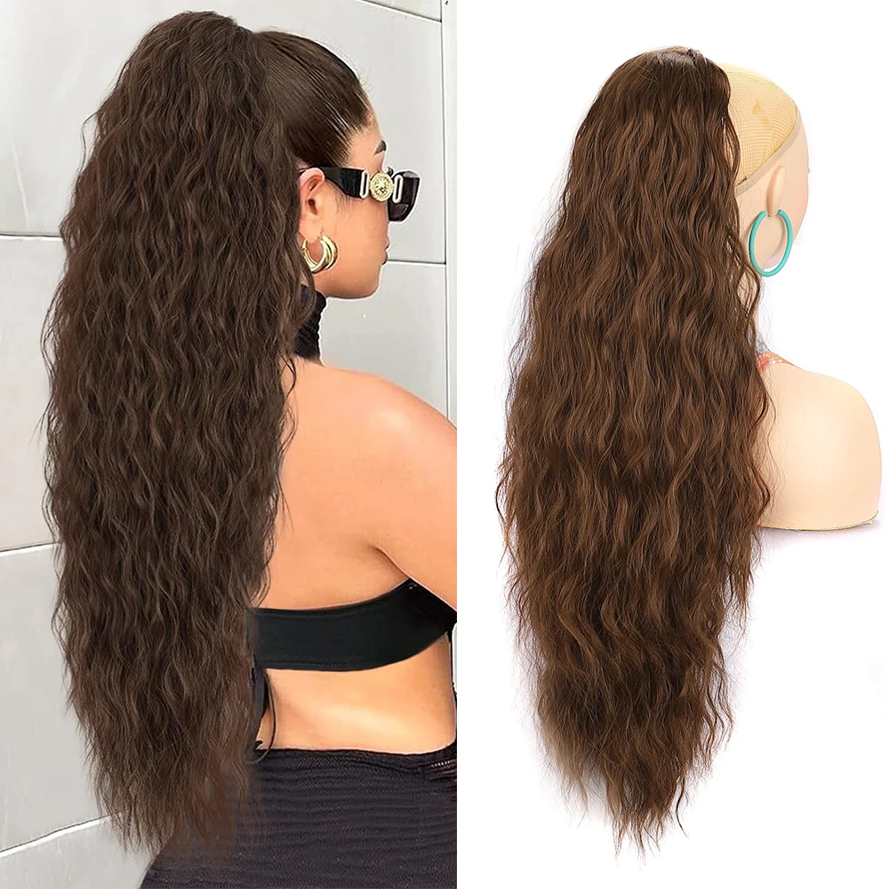 ผมหางม้าขยาย 30 นิ้วยาวพิเศษ Drawstring Wavy Curly Ponytails สีดําสีน้ําตาลเส้นใยสังเคราะห์ผมปลอมชิ้นสําหรับผู้หญิง