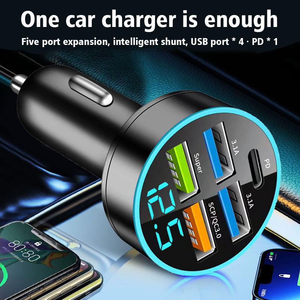 250W Car Charger 5 Ports LED Digital Display USB PD Type C Fast Charging Car Phone Charger Adapter For IPhone 15