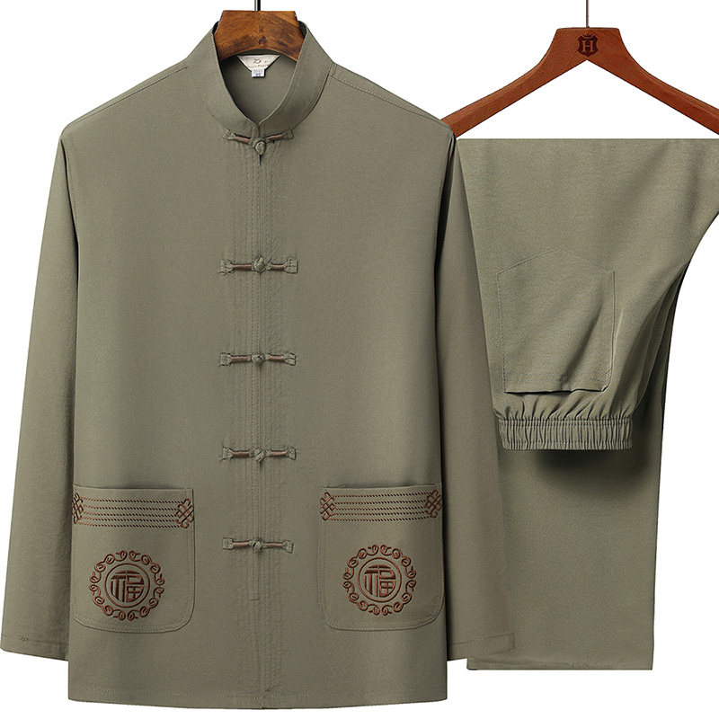 男性印刷中国風長袖シャツズボン綿 100% リネンシルク生地スポーツウェアメンズカジュアルセットシャツ + パンツ