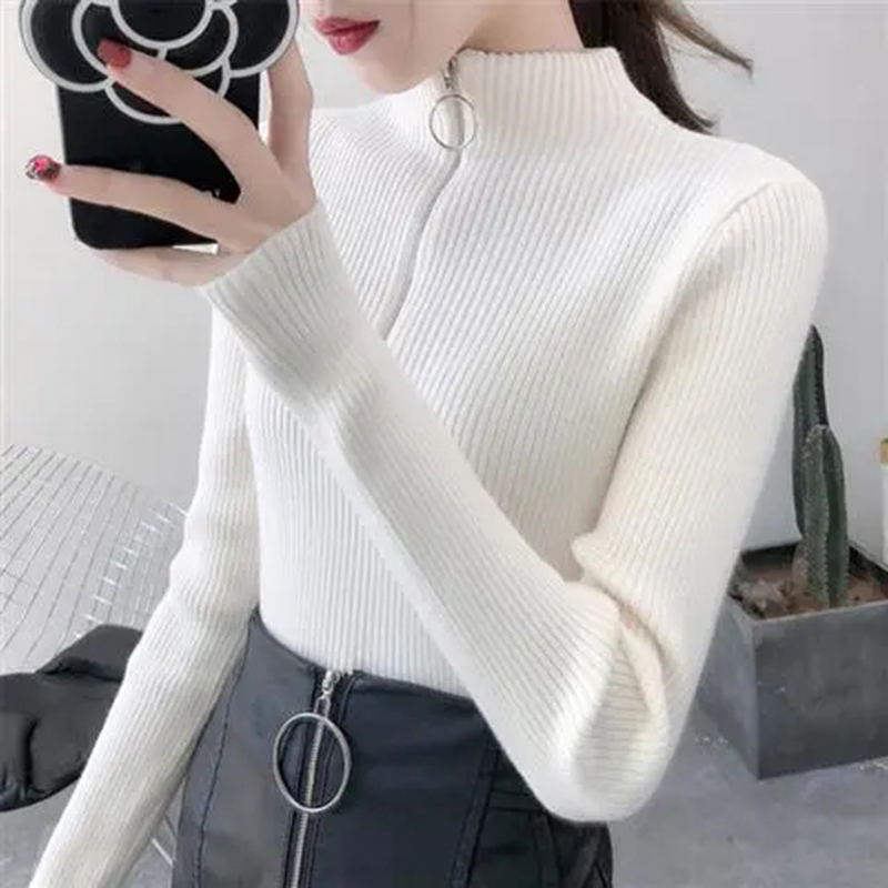 Tricoté femmes fermeture éclair demi col haut Pull pulls automne hiver basique femmes chandails mince solide tricots Pull Femme hauts