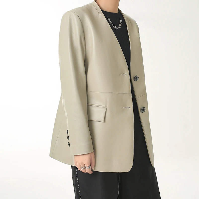 Julypalette-Chaqueta de piel de cordero de primera capa para mujer, chaqueta con cuello en V, abrigos de moda con dos botones, chaquetas de cuero genuino para mujer 2024