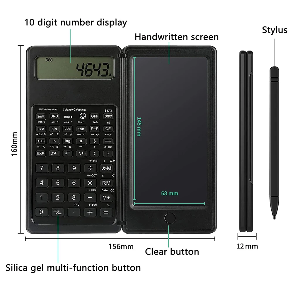 Calculadora Científica plegable 2 en 1, pantalla LCD de 10 dígitos con tableta de escritura de 6 pulgadas, compatible con lápiz óptico, bloqueo de botón de borrado
