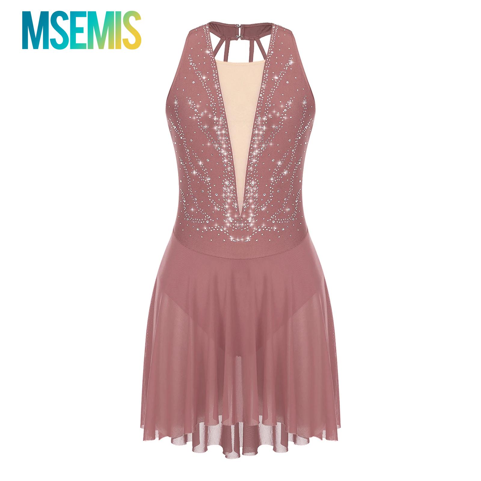 Lyrisches Ballett-Tanzkleid für Damen, glitzerndes Strass-Eiskunstlaufkleid, durchsichtig, rückenfrei, asymmetrischer Saum, moderne Tanzkleider