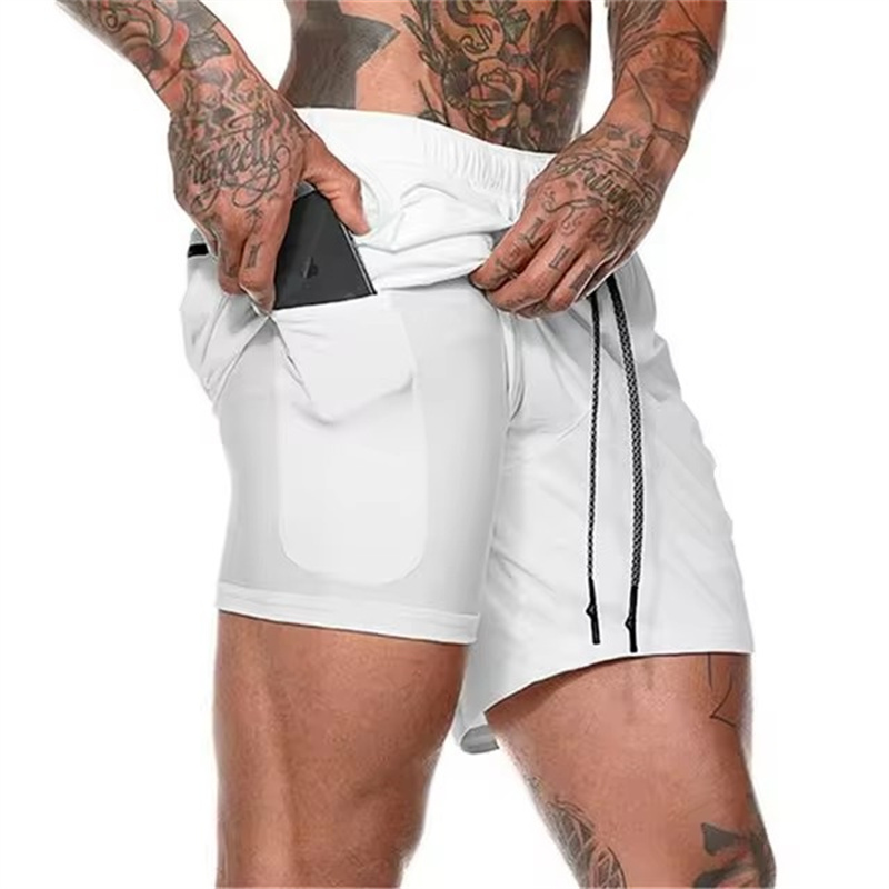 Men Fitness Built-in pocket sports Shorts Summer 2 In 1 Quick Dry Gym Beach shorts Running Double-deck Shorts mesh sweatpants