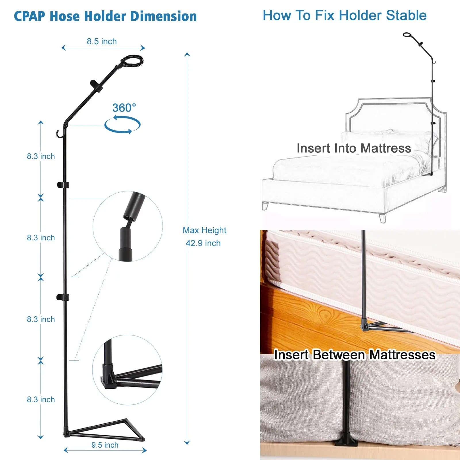 CPAP อุปกรณ์เสริมที่ใส่ท่อหน้ากากไม้แขวนเสื้อท่อยกท่อรองรับพับได้ 360 °   หมุนได้ใส่ใต้ที่นอนแขวนท่อ BIPAP APAP