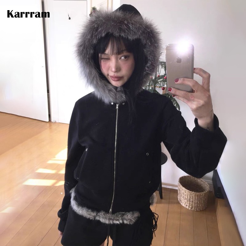 Karrram ญี่ปุ่น Y2k เสื้อขนสัตว์ผู้หญิงวินเทจสไตล์เกาหลีสีดํา Hooded JACKET Grunge สุนทรียศาสตร์ขนสัตว์ซิปเสื้อบาง 00 S
