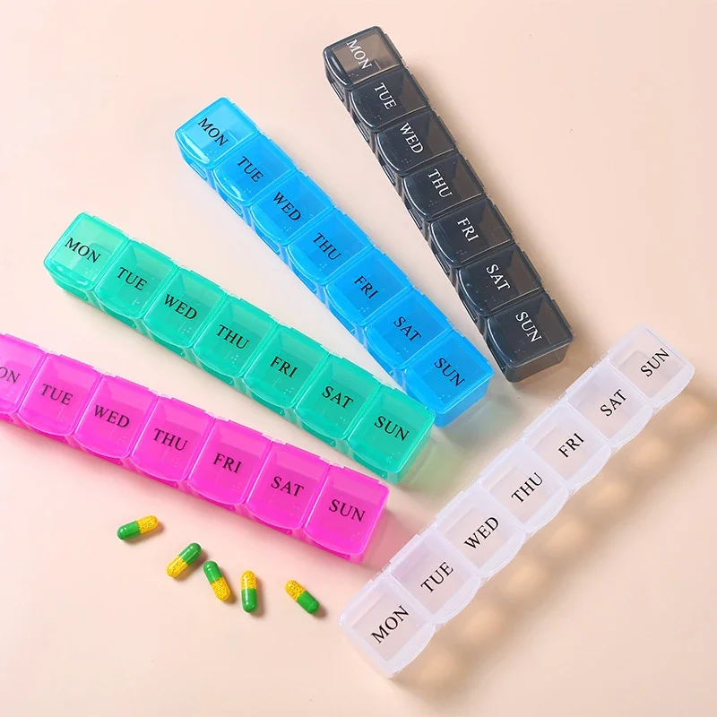 Pastillero portátil semanal, caja de medicina, contenedor de almacenamiento de tabletas de 5 colores, pastillero de 7 días, dispensador de medicamentos, celosía independiente