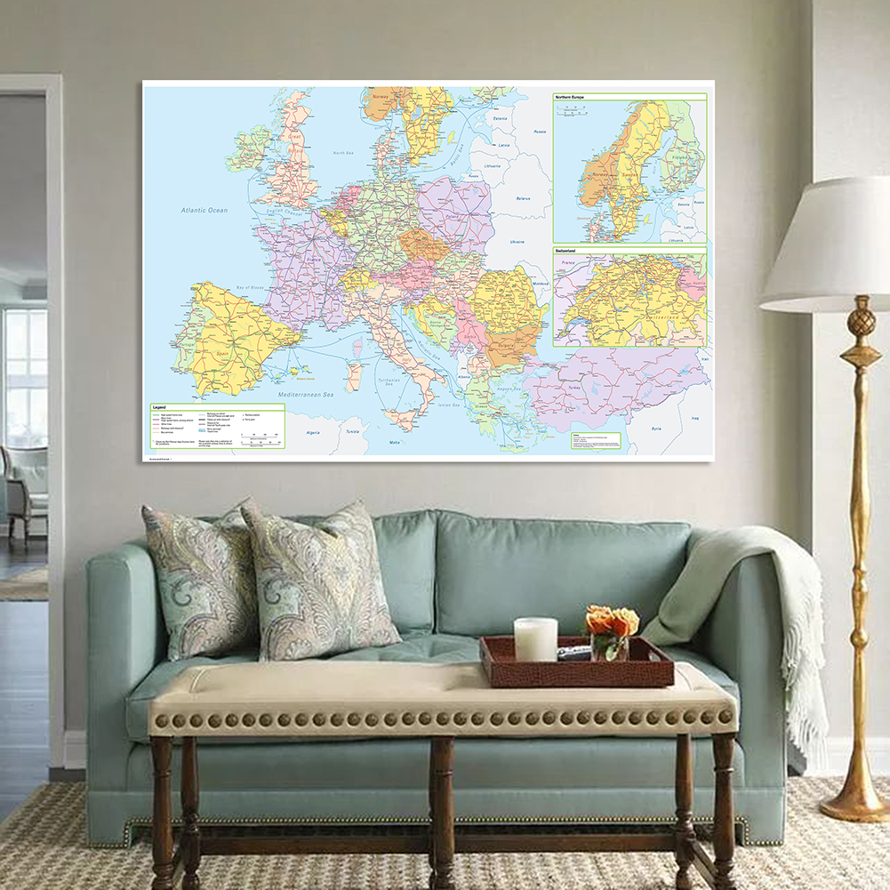 Mapa da Rota de Transporte da Europa com Detalhes, Pintura em Canvas, Cartaz de Parede, Material Escolar, Decoração, 150x100 cm