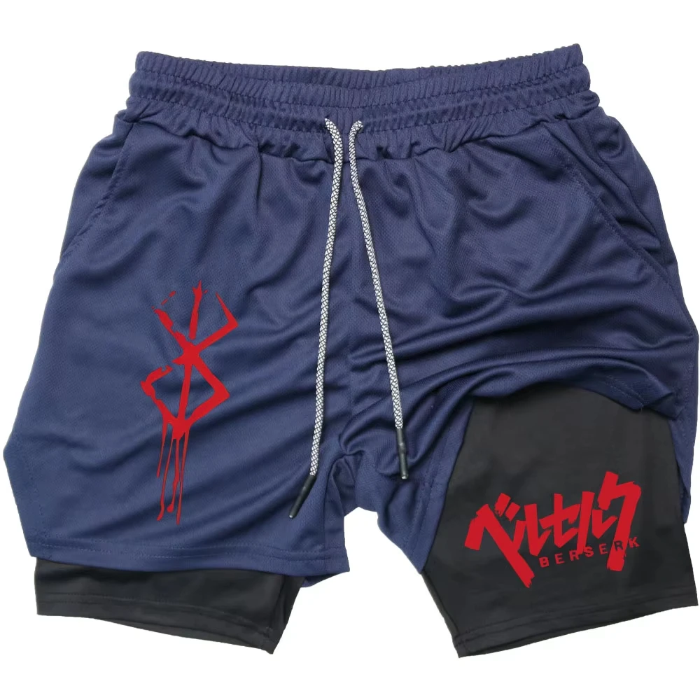 Anime Berserk Performance Shorts Herren 2-in-1 Lauf-Kompressionsshorts Training Yoga Gym Sportbekleidung Workout-Shorts mit Taschen