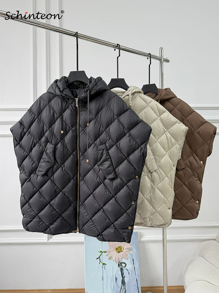 Schinteon Vrouwen 90% Witte Eendendons Onregelmatig Vest met Kap Losse Mouwloze Jas Effen Modieuze Herfst Winter Top 2025