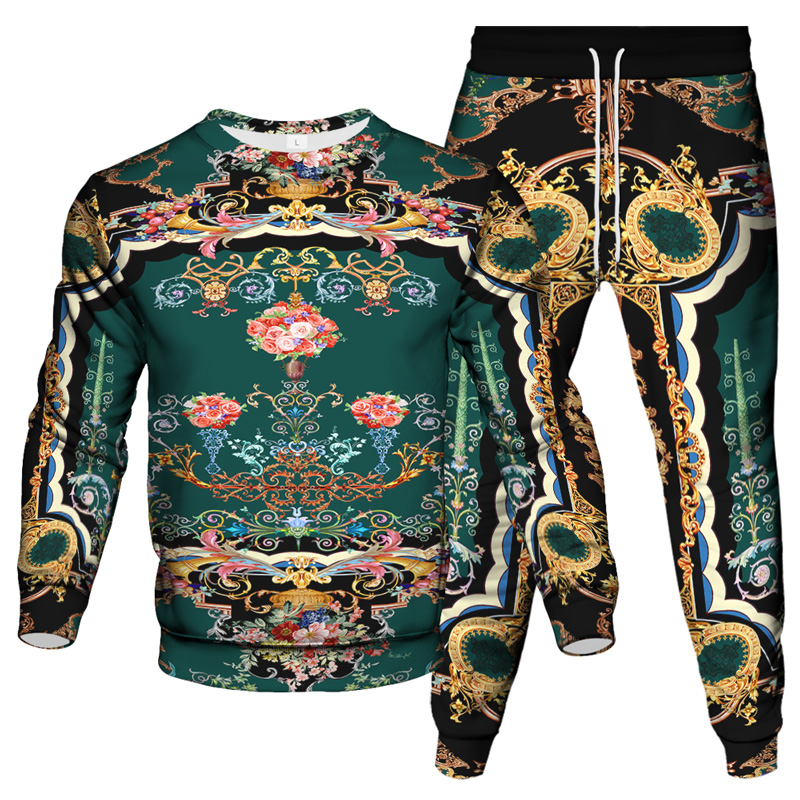 Vinatge-Conjunto de ropa de estilo barroco para hombre y mujer, chándal de 2 piezas con sudadera y pantalón para correr, ropa de calle de lujo