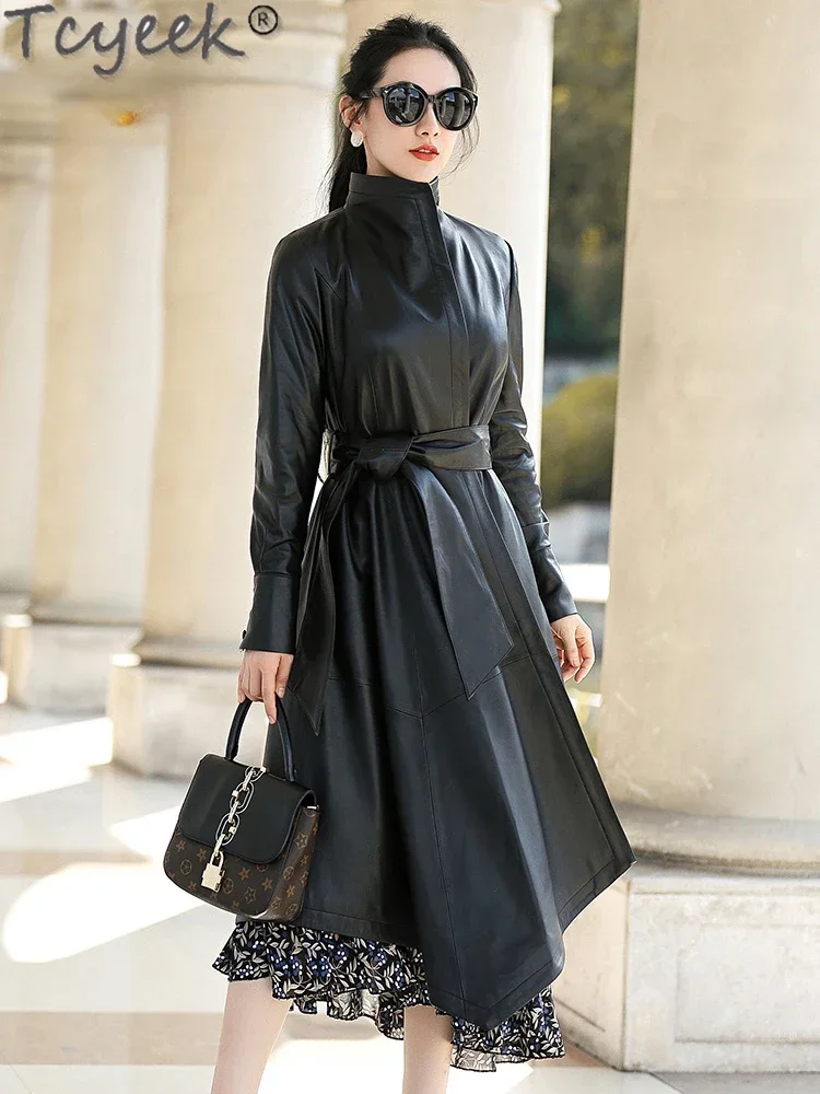 Tcyeek Echt Leder Jacke Frauen Mid-länge Graben Mantel Frau Natürliche Schaffell Mantel Baumwolle Jacken Frühling Herbst Kleidung Gürtel